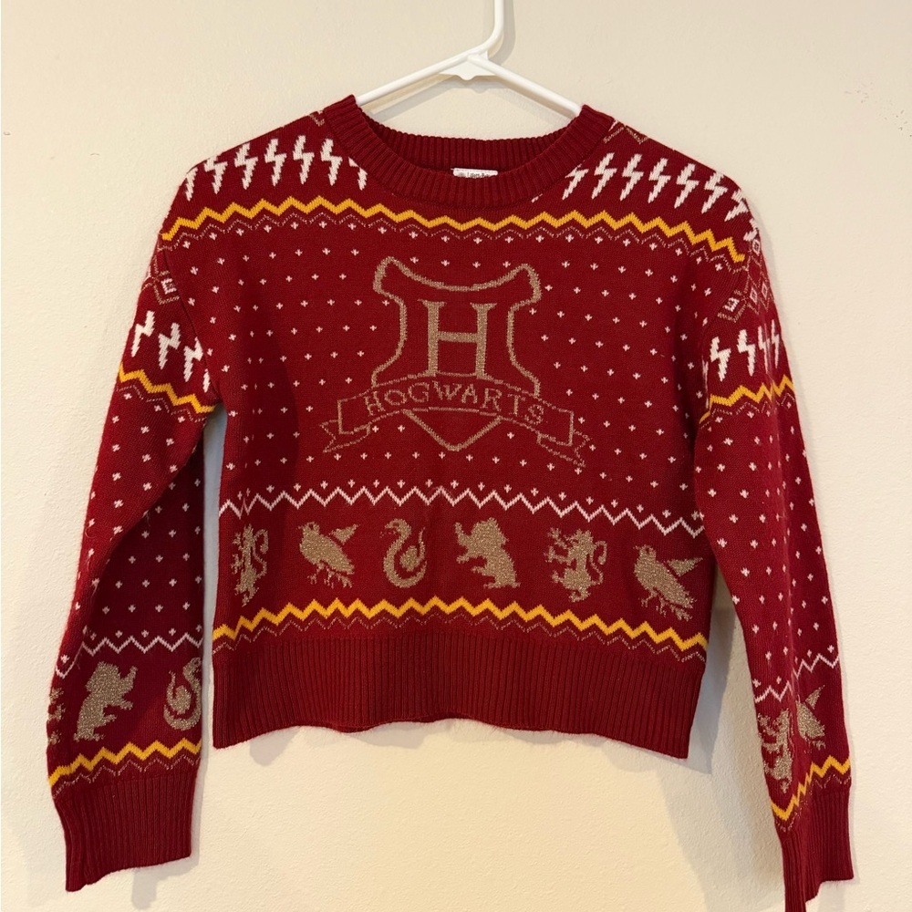 Kids Harry Potter Hogwarts Red Knit Sweater Gold Yellow White Sz Youth S/M 17.5”